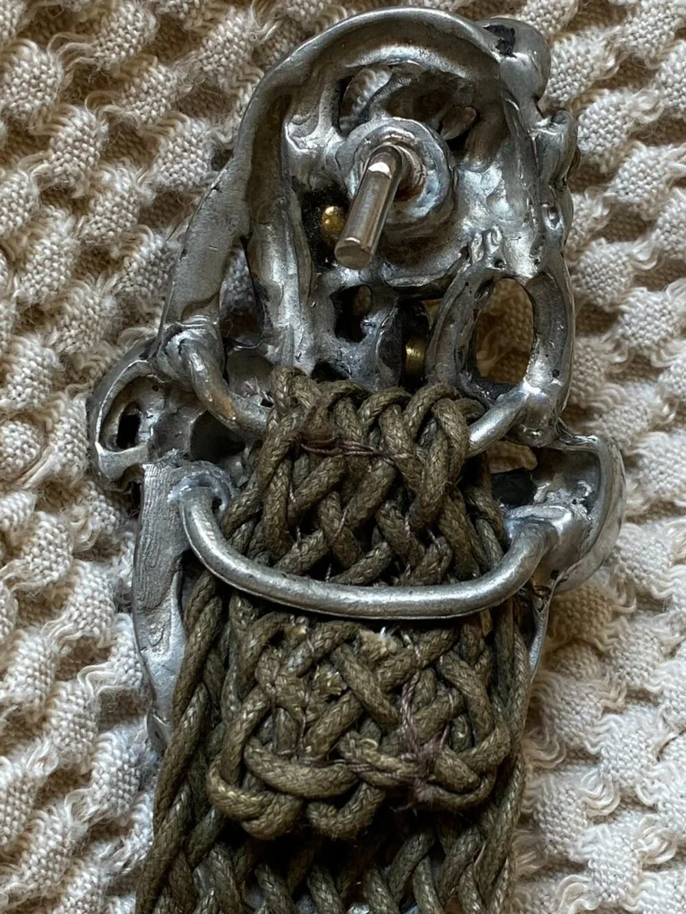 VTG Connie Bates Fahrenheit NY Anemone Belt Woven Mesh Linen Swirl Pewter Brass